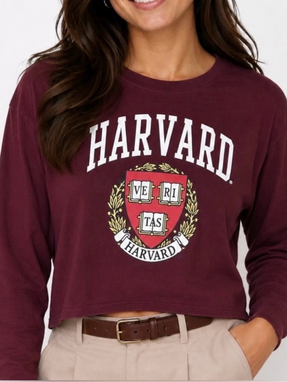 HARVARD UNIVERSITY WOMEN CROP LOGO TEE S/M DARK ACADEMIA COTTON LONG SLEEVE MINT